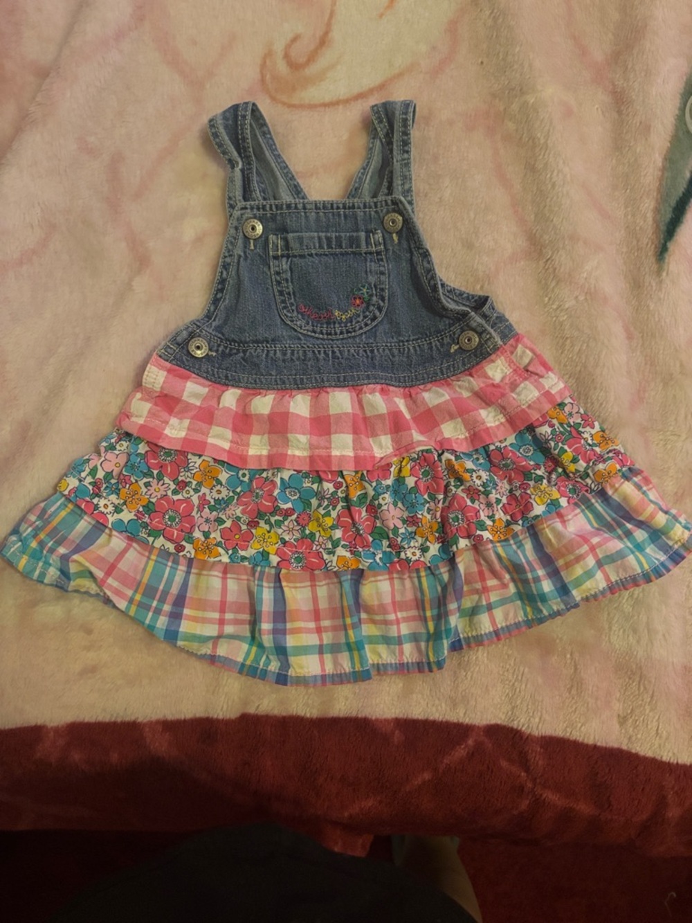 OshKosh B'gosh Denim Overall Dress with Pink, Blue, Yellow Floral Tiers